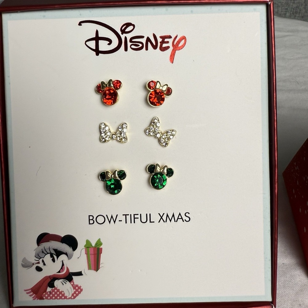 Disney Christmas Holiday Earring Set of 3 - Bows, Red, Green Mickey Minnie Studs